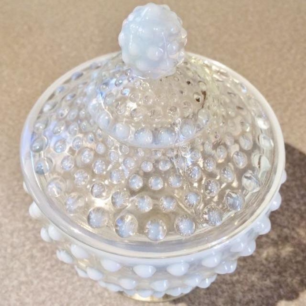 Vintage Opalescent Hobnail Glass Candy Dish w/ lid, “Fenton”